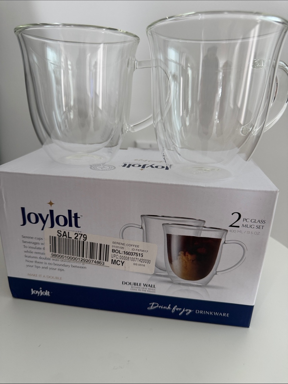 Joy Jolt Clear Double-Wall Glass Mug Set - Transparent (2 pc) 13.5 oz